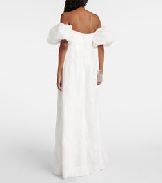 Matchmaker puff-sleeve off-shoulder gown in white - Rebecca Vallance | Mytheresa Luxury Fitted Off-shoulder Gown, Voluminous Gown For Gala, Elegant Off Shoulder Puff Sleeve Dress For Evening, Fitted Off-shoulder Puff Sleeve Dress For Evening, Off-shoulder Puff Sleeve Dress For Evening, Elegant Voluminous Gown, Voluminous Off-shoulder Evening Dress, Off-shoulder Formal Dress With Gathered Sleeves, Chic Fitted Off-shoulder Gown