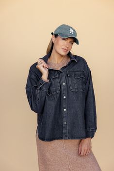 Adams Washed Denim Jacket Medium Wash Button-up Outerwear For Day Out, Button-up Medium Wash Outerwear For Day Out, Fall Shacket In Medium Wash, Medium Wash Button-up Outerwear With Frayed Hem, Chic Dark Wash Button-up Outerwear, Trendy Washed Shacket, Oversized Washed Outerwear For Day Out, Washed Black Denim Jacket For Everyday Fall Wear, Fall Shacket For Streetwear With Buttons