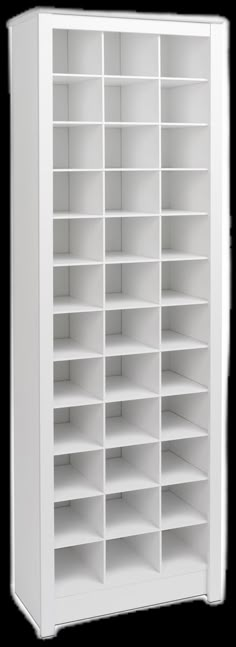 a white bookcase with many shelves and doors on each side, in front of a white background