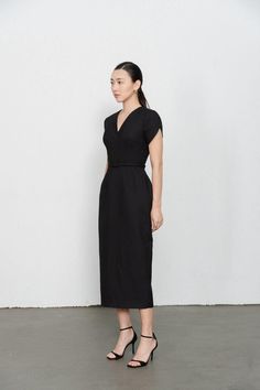 Melody Pegged V-Neck Twill Midi Dress | MEAN BLVD Modern V-neck Dress For Work, Elegant V-neck Midi Dress For Daywear, Summer Formal V-neck Midi Dress, Formal Summer V-neck Midi Dress, Modern V-neck Spring Dresses, Fitted V-neck Midi Dress For Daywear, Cocktail V-neck Midi Dress, Modern V-neck Midi Dress For Evening, Modern V-neck Evening Midi Dress