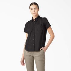 Short Sleeve Poplin Blouse For Work, Poplin Short Sleeve Workwear Blouse, Poplin Tops With Button Closure For Work, Poplin Top With Button Closure For Work, Relaxed Fit Button-up Short Sleeve Work Shirt, Relaxed Fit Button-up Short Sleeve Shirt For Work, Relaxed Fit Rolled Sleeves Short Sleeve Shirt For Work, Versatile Workwear Shirt With Rolled Sleeves, Poplin Button-up Workwear Tops