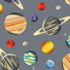 the solar system with all its planets painted on it's grey background, as well as stars and circles