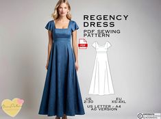 a woman in a blue dress is standing next to the sewing pattern