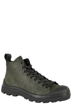 Ankle boots -Panchic -Army green color -Round toe -Lace-up closure -Rubber sole Green Leather High-top Boots, Green High-top Leather Boots, High-top Lace-up Boots With Textured Sole For Outdoor, Green Ankle Boots With Lug Sole, Rugged Green High-top Boots, Casual Green Boots With Leather Sole, Green Outdoor Boots With Lug Sole, Casual High-top Combat Boots With Textured Sole, Green Leather Ankle Combat Boots