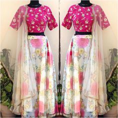 Floral Skirt With Contrasting Embellished Crop Top And Stole . Available In Two Sizes, M And L . Fast Shipping . Pink Lehenga With Floral Embroidery For Summer, Pink Fitted Lehenga For Spring, Fitted Pink Lehenga For Spring, Pink Floral Embroidery Lehenga For Summer, Bollywood Pink Lehenga For Spring, Spring Pink Choli With Dupatta, Pink Bollywood Choli For Spring, Traditional Pink Choli For Spring, Elegant Summer Lehenga With Floral Print