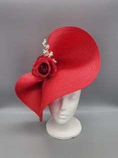 Luxury Red Hat Bands For Kentucky Derby, Red Fascinator For Kentucky Derby Wedding, Flower Shaped Fascinator For Kentucky Derby Church Events, Flower-shaped Fascinator For Kentucky Derby And Church, Flower-shaped Fascinator For Kentucky Derby Church Occasions, Red Curved Brim Costume Hat For Wedding, Red Fascinator For Wedding At Kentucky Derby, Flower-shaped Fascinator For Church And Kentucky Derby, Red Curved Brim Fascinator For Garden Party