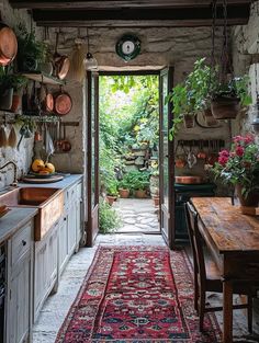 an open door leading into a kitchen with potted plants on the wall and rug