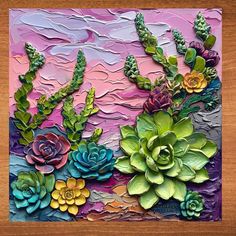 a painting with succulents and other plants on it