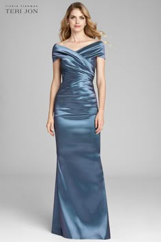 Color_Slate Taffeta Gown, Off The Shoulder Sleeves, Mother Of The Bride Dresses Long, Mother Of Bride Outfits, Black Tie Party, Mother Of The Bride Gown, Teri Jon, Mother Of Groom Dresses, Bride Groom Dress