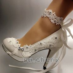 su.cheny 3" 4" heel satin white ivory lace ribbon close toe Wedding Bridal shoes | eBay Ballet Wedding Shoes, Wedding Shoes Pumps, Pearl Wedding Shoes, Ivory Heels, Crystal Wedding Shoes, Bridal Pumps, Bridal Flats, Wedding Shoes Lace, Lace Flats