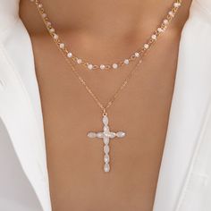 Attached layers Includes everything pictured Material: gold plated brass, crystals Length: 17" + 2" extension Pendant size: 1" x 1.5" IMPORTED Bead Cross Necklace, Bead Cross, Pearl Cross Necklace, Pastel Necklace, Rectangle Necklace, Silver Pearl Necklace, Crystal Cross, Beaded Cross, Gold Cross Necklace