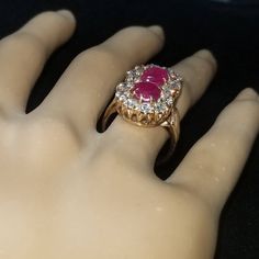 Gorgeous vintage art deco filigree 14k yellow gold natural ruby ring Circ 1920's center set two natural ruby oval shape weight 4.88ct. Size 7.5x6.8mm This stunning ruby is untreated ruby origin Africa lively,nice cut. Gorgeous red color, Side set natural round diamonds weight 1.55ct VS1-G very clean diamonds very brilliant sparkly stones. this ring is tremendously old ring circ 1920's in excellent condition. ring size 7 Resizable Retail value $10,500 net. Appraisal available Elegant Oval Lab-created Ruby For Weddings, Formal Oval Lab-created Ruby Jewelry For Weddings, Classic Oval Ruby Ring, Art Deco Oval Jewelry With Halo Setting, Oval Lab-created Ruby Fine Jewelry For Wedding, Art Deco Style Oval Cluster Ring As Gift, Oval Lab-created Ruby Wedding Jewelry, Vintage Diamond Ruby Ring, Vintage Oval Ruby Ring With Halo Setting