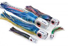 three different types of fishing lures on a white background, one is blue and the other is red