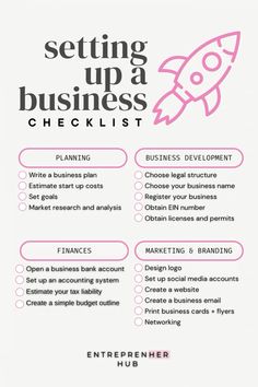 the business checklist is shown in pink and white, with an image of a rocket ship