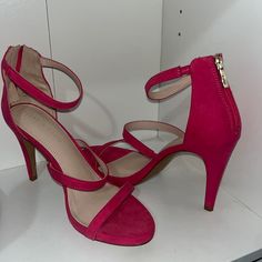 High Heels, Hot Pink W 3 Straps And Zipper On Back Of Heel. Almost 4 Inch Heels, Comfortable, Never Worn. Hot Pink Heels, Heels Comfortable, Pink Heels, 4 Inch Heels, Shoes Women Heels, 4 Inch, Hot Pink, Shoes Heels, High Heels