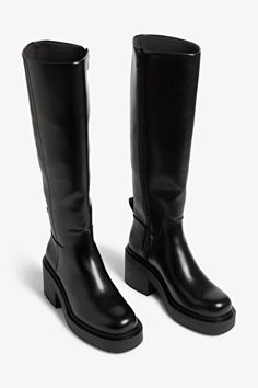 Chunky heeled black faux leather knee-high boots - Black - Monki WW Leather Knee High Lug Sole Boots, Chunky Heel Fall Boots, Boots Womens Black, Women's Boots Knee High, Tall Chunky Flat Boots, Black Boots Lyst, Black Pu Boots, Knee Height Black Boots, Chunky Black Boots Heels