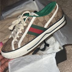 Wore Twice .Women Size But Unisex Sneakers ! Everything In Box Brand New Shoe String Gucci Shoes Outfit, Gucci Shoes Women, Gucci Ace Sneakers, Gucci Shoes Sneakers, Orange Sneakers, Studded Sneakers, Shoes Gucci, Gucci Sneakers, Adidas Sneakers Women