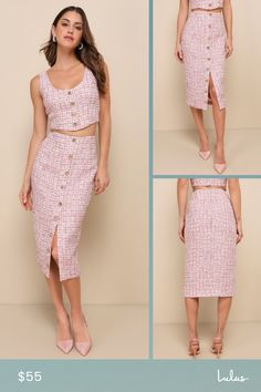 Get ready to set trends wherever you go in the Lulus Charming Icon Pink Tweed Lurex Button-Front Midi Skirt! Woven tweed fabric boasts sparkling, multicolored Lurex as it shapes a high waist and a pencil-style skirt. Button placket boasts half-and-half design, with decorative buttons at the top and a flirty unbuttoned effect at the hem. Hidden zipper/clasp at back. Pair with the matching top for a complete look! Fit: This garment fits true to size. Length: Mid-calf length. Size medium measures 2 Tweed Midi Skirt, Pink Tweed, Skirt With Buttons, Lulu Fashion, Half And Half, Tweed Fabric, Style Skirt, Decorative Buttons, Matching Top