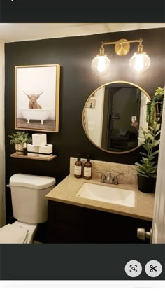 the bathroom is decorated in black and white with gold accents, including an animal print on the wall