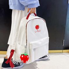 Fashion Strawberry Backpack PN2697 Trendy White Canvas Bag For Students, White Canvas Bag With Zipper Closure For School, White Canvas School Bag With Zipper Closure, Cute Canvas Shoulder Bag For School, Red Trendy Canvas Bag For School, Back To School Canvas Satchel Bag, Trendy Canvas Bag For Students, White Canvas Satchel Bag For Students, White Canvas Satchel For School