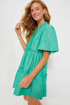 The Sea Green Crawford Dress is exactly what we have been searching for — that perfect warm weather piece that you can throw on for morning cappuccinos and wear until cocktail hour. Featuring oversized flutter sleeves, ruffle detailing on the neckline and skirt, and a swing silhouette in a vibrant shade, this mini is the most flattering and flirty frock. Effortlessly whisking you from work to play, pair with sneakers and sunnies for a casual look then switch to wedges and statement earrings for Easy Date Night Outfit, Hamptons Summer, Cocktail Attire, Color Crush, Short Sleeve Mini Dress, Weekend Wear, Be Present, Sea Green, Cocktail Hour