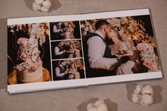 a wedding album with photos of the bride and groom on it next to cotton balls