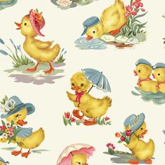 a bunch of ducks with umbrellas and flowers