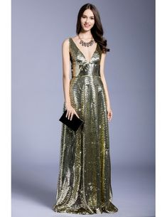 Gold A-line V-neck Sequined Floor-length Evening Dress Gold V-neck Midi Dress For Party Season, Spring Evening V-neck A-line Dress, Chic V-neck Evening Maxi Dress, Glamorous A-line Summer Evening Dress, Gold V-neck Evening Dress For Summer, Chic A-line Maxi Dress For Party Season, Glamorous Spring Evening V-neck Dress, V-neck Gala Dress, Glamorous V-neck Spring Evening Dress