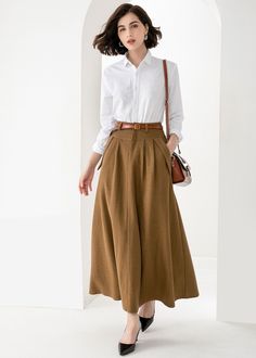 High Waist Brown Maxi Skirt For Fall, Fall Office Belted Skirt, Chic Fall Maxi Skirt With Pockets, Fall Pleated Maxi Skirt For Workwear, Fall Workwear Pleated Maxi Skirt, Fall Wide Leg Maxi Skirt For Work, Elegant Fall Skirt With Pockets, High Waist Maxi Skirt For Work In Fall, High Waist Maxi Skirt For Fall Workwear