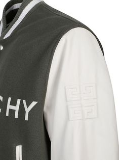 logo-embroidered button-up varsity jacket from Givenchy (VIP) featuring dark green, striped edge, embroidered logo at the chest, ribbed band collar, front press-stud fastening, two front welt pockets and calf leather/wool blend. This item is in size 52 and the color is Luxury Varsity Jacket With Embroidered Logo For Streetwear, Luxury Varsity Jacket With Ribbed Cuffs For College, Designer Varsity Jacket With Ribbed Cuffs And Baseball Collar, Designer Varsity Jacket With Baseball Collar And Ribbed Cuffs, Designer Varsity Jacket With Embroidered Logo For Streetwear, Luxury Varsity Jacket With Baseball Collar, Varsity Jacket With Logo Detail For Streetwear, Luxury Embroidered Varsity Jacket For Fall, Luxury Varsity Jacket With Embroidered Logo For Fall