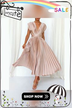 Pink All-over Pleated V Neck Zip Midi Dress Beige Pleated Midi Dress For Party, Beige Pleated Maxi Dress For Party, Beige Pleated Dress For Party, Beige Pleated V-neck Midi Dress, Beige Pleated V-neck Dress, Beige Pleated Midi Dress With V-neck, Chic V-neck Pleated Dress For Night Out, Beige Pleated Dress For Brunch, Pleated Midi V-neck Dress For Party