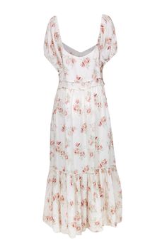 Indulge in some boho-meets-cottage-core vibes with this ivory maxi dress from LoveShackFancy featuring a vibrant pink and maroon floral print. The puff short sleeves add a touch of whimsy, while the maxi length and wedge sandal make it perfect for any summer soiree. Size 8 Fabric contents unavailable Invisible side zipper Puff short sleeves Square neckline Bust 38" Waist 32" Shoulder to hem 54" Sleeve length 11" Feminine Cream Floral Print Maxi Dress, Feminine Cream Maxi Dress With Floral Print, Feminine White Chiffon Maxi Dress, Cream Bohemian Maxi Dress For Casual Wear, Summer Off White Ruffled Maxi Dress, White Bohemian Flowy Midi Dress, Cream Maxi Dress For Summer Garden Party, Summer Cream Maxi Dress For Daywear, Spring Cream Maxi Dress