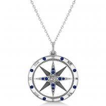 Compass Pendant Blue Sapphire & Diamond Accented 14k White Gold (0.19ct) White Gold Jewelry With Compass Design, Round Diamond Jewelry With Compass Design, White Gold Compass Design Necklace, Diamond Compass Design Round Jewelry, Compass Pendant Necklace, Gold Evil Eye Necklace, Luck Necklace, Necklace Evil Eye, Good Luck Necklace