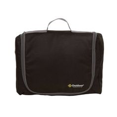 the outdoor toilet bag is black and has grey trimmings on the front, with a zippered closure at the bottom