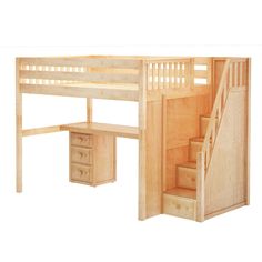 a wooden bunk bed with stairs and desk underneath it, against a white background that appears to be cut in half