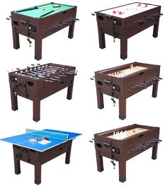 four different types of foosball tables in various positions