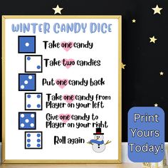 a printable winter candy dice game is displayed on a table next to some presents