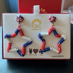 Red White & Blue Star Shaped Seed Bead Patriotic Americana Beaded Star Drop Dangle Earrings C&C California New In Box, Never Worn! Measures Approx 3”X2” Multicolor Red White Blue Post Style W/ Glass Seed Beaded Star Shaped Drops Summer Holiday, Usa, Patriotic, Independence Day, 4th Of July, Memorial Day, Betsey Johnson, Kitschy Fun Earrings Jewelry, Peace Love Usa Red Star-shaped Beaded Jewelry, Patriotic Multicolor Beaded Earrings, Red Beaded Earrings For 4th Of July, Ear Climber Earrings Silver, California Jewelry, Rainbow Lollipops, Blue Tassel Earrings, Star Drop Earrings, Filigree Hoop Earrings