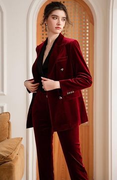 Red Velvet Suit, Suits Business, Velvet Suit Design, Velvet Pant, Burgundy Blazer, Women Suits, Womens Suits Business, Velvet Suit, Rich Burgundy