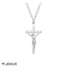 Made in sterling silver, this meaningful crucifix necklace is a beautiful symbol of faith. This pendant sits on a 22” sterling silver chain in your choice of rolo or ball chain. Sterling Silver Crucifix Necklace In Spiritual Style, Sterling Silver Spiritual Crucifix Necklace, Spiritual Sterling Silver Crucifix Necklace, Symbolic White Gold Cross Necklace, White Gold Sterling Silver Crucifix, Sterling Silver Crucifix Necklace, Symbolic Sterling Silver Crucifix Jewelry, White Gold Crucifix Necklace Spiritual Style, Sterling Silver Crucifix Cross Necklace In White Gold