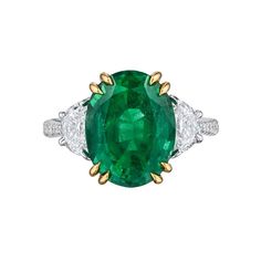 Oval 5.72 Carat Green Emerald Platinum Cocktail/Engagement Ring Set in Platinum | From a unique collection of vintage Fashion Rings at https://www.1stdibs.com/jewelry/rings/fashion-rings/. Emerald Ring Design, Emerald Cocktail Ring, Oval Emerald Ring, Emerald Cocktail, Fancy Yellow Diamond Ring, Tourmaline Engagement Ring, Tanzanite Engagement Ring, Bridal Jewellery Design, Yellow Diamond Rings