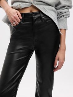 Black Flare Leather Pants For Fall, Sleek Flare Pants For Fall, Sleek Mid-rise Fall Pants, Stretch Leather Straight Leg Pants For Fall, Stretch Straight Leg Leather Pants For Fall, Sleek Mid-rise Bottoms For Fall, Gap Black Wide Leg Bottoms, Gap High Rise Pants For Fall, Gap Mid-rise Pants For Fall