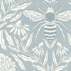 a blue and white wallpaper with a bee on it's back, surrounded by flowers