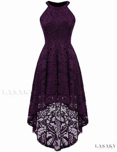 Lasaky - Sleeveless Lace Cocktail Dress with High-Low Hemline and Neckband Indigo Fashion, Elegant Silk Dresses, Irregular Skirt, Elegant Cocktail Dress, Sleeveless Lace Dress, Lace Cocktail Dress, Purple Outfits, Goth Dress, Cocktail Attire