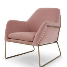 a pink chair with a gold frame and cushion on the back, against a white background