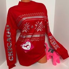 New With Tags Victoria’s Secret Pink Long-Sleeve Shirt Top High-Neck Sequins Bling Shine Logo Snowflakes Holiday Christmas Gift Christmas Xmas Chicago Size Extra Small Small Medium Large No Offers Please Pink Long Sleeve Festive Tops, Pink Long Sleeve Tops For Festive Occasions, Pink Long Sleeve Holiday Top, Holiday Pink Long Sleeve Tops, Festive Long Sleeve Holiday Top, Festive Long Sleeve Tops For Holiday, Festive Long Sleeve Top For Holidays, Long Sleeve Tops For Holiday Festivities, Red Festive Holiday Top