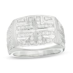 Take his look up a notch with this stunning diamond ring. Created in cool 10K white gold, this style showcases a cushion-shaped top adorned with diamonds and grooved details in a cross-shaped motif. The shank features a complementing grooved and diamond-adorned design. Radiant with 7/8 ct. t.w. of diamonds and a brilliant buffed luster, this ring delivers a big visual punch. Luxury White Square Cut Diamond Ring, White Cushion Cut Cubic Zirconia Diamond Ring, White Square Cut Diamond Ring, Square Cut Diamond White Ring, White Square-cut Diamond Ring, White Diamond Cushion Cut Ring, White Gold Square-cut Diamond Ring With Vvs Clarity, Luxury White Cushion Cut Diamond Ring, White Diamond Cut Square Cut Ring