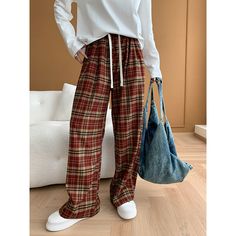 High-Waisted Elastic-Waisted Wide Leg Brown Plaid Pants Fabric: 72% Polyester+25% Rayon+3% Spandex Size: M, L Multiple Color Selections: Brown Season: Spring, Fall, Baggy Bottoms For Fall Leisure, Straight Leg Bottoms For Leisure In Fall, High-waisted Pants For Leisure In Fall, Trendy Leisure Bottoms In Long Pants Style, Baggy Leisure Pants For Fall, Trendy Leisure Bottoms Long Pants, Trendy Fall Bottoms For Leisure, Trendy Fall Leisure Bottoms, Trendy Long Leisure Bottoms