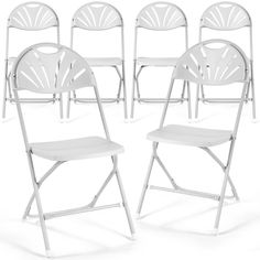 six white plastic folding chairs on a white background