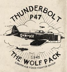 the logo for thunder bolt pat shows an airplane flying in the sky with clouds and sunbursts